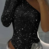 2025 Spice Girls Sexy Pailletten-Top, One-Shoulder, eng anliegend, mit Strasssteinen, einfarbig, Silber, einteilig, Mode, Party, Nachtclub, Sommer-Top