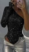 2025 Spice Girls Sexy Sequin Top One-Shoulder Tight Rhinrhinone Solid Color Silver One-Piece Fashion Party Nightclub Summer Top