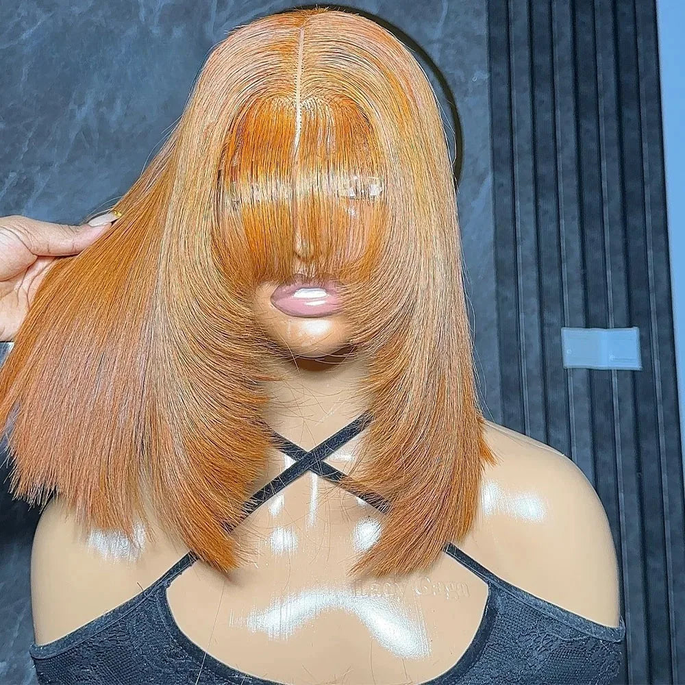 Light Brown Short Bob Layered Lace Front Wig With Bangs Straight Lace Frontal Wig 13x4 Glueless Synthetic Heat Resistant Cosplay
