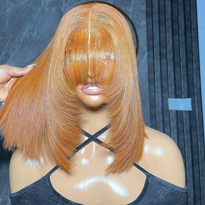 Light Brown Short Bob Layered Lace Front Wig With Bangs Straight Lace Frontal Wig 13x4 Glueless Synthetic Heat Resistant Cosplay