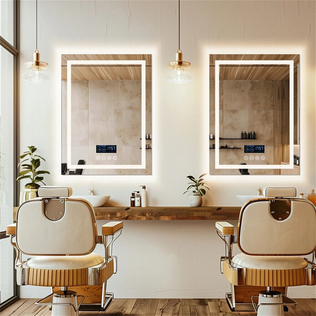 Intelligenter LED-Badezimmerspiegel, rechteckiger Wandspiegel mit Bluetooth-Lautsprecher, Uhrzeit, Temperatur, Lichtspeicher, Front- und Hintergrundbeleuchtung, Antibeschlag