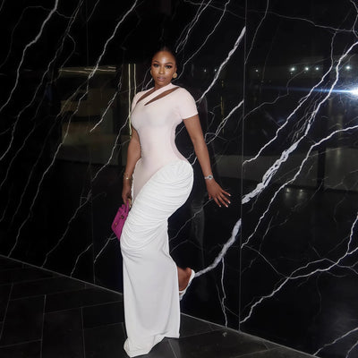 Women's Elegant Ruched Dress Asymmetric Cut Out Neckline Short Sleeve Long Dress Formal Wedding Guest & Evening Party Outfit