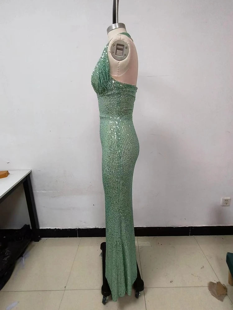 Sexy Neckholder Maxikleid mit tiefem V-Ausschnitt, Pailletten, Damen, Grün, Ärmellos, Rückenfrei, Pailletten, Schlankes langes Kleid, Celebrity Partykleider