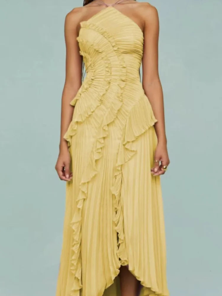 Chic pleated halter neck long vacation dress high quality purple strapless Lotus Edge Maxi Dress 2026 New Lady Vacation Gowns