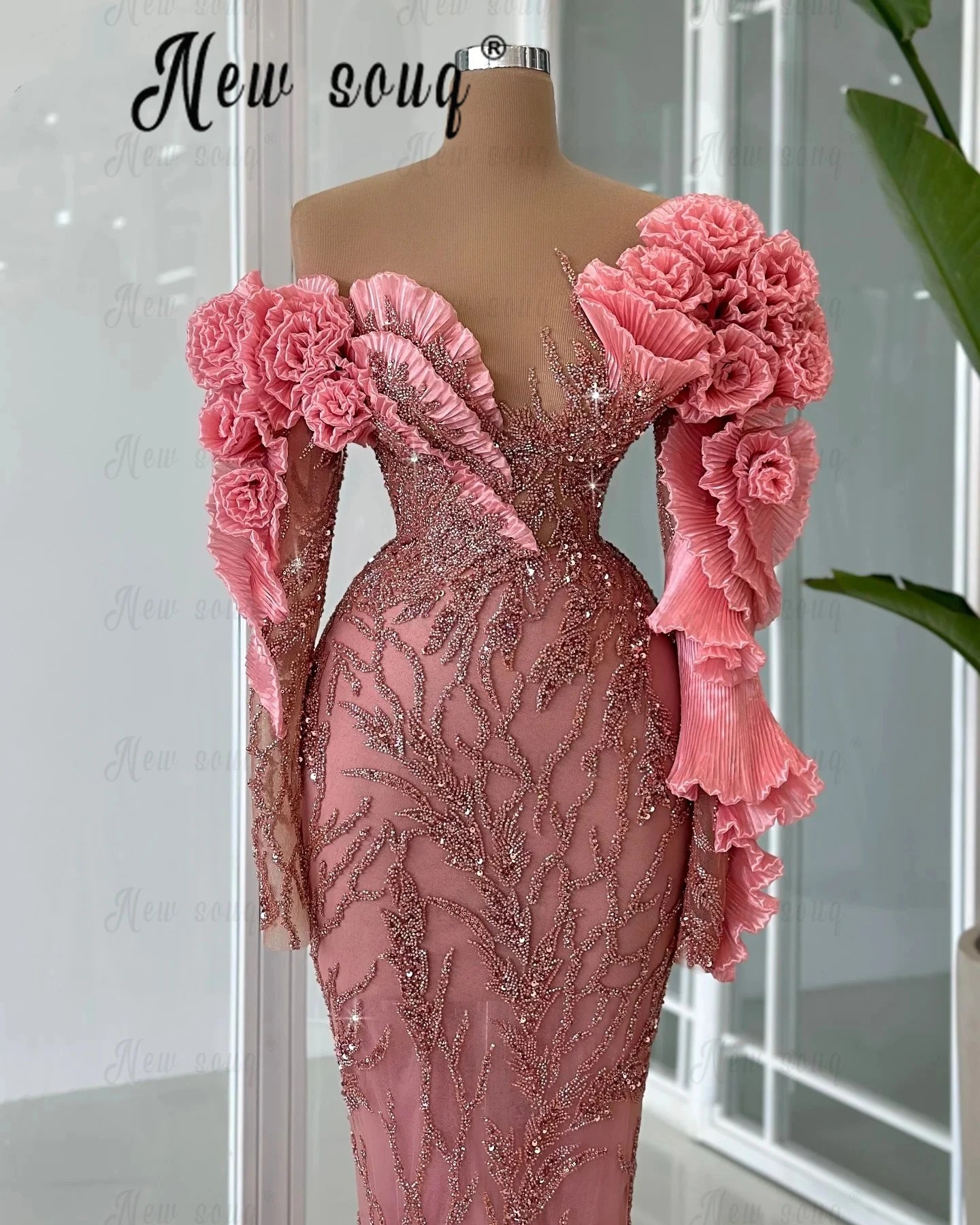 Rosa perlenbesetztes Meerjungfrauen-Abendkleid, langes, formelles Luxus-Hochzeits-Partykleid 2025, arabisch für schwarze Mädchen, Abschlussballkleider