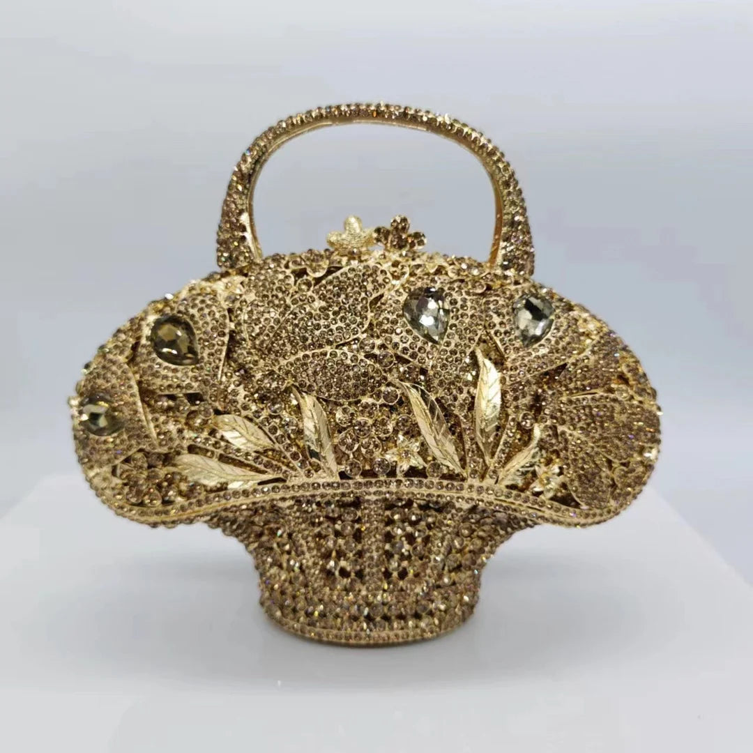 Blumenkorb Diamant-Abendtasche Metall Hohl Handgehalten Strass Damen Tasche Bankett Clutch Kristall Vintage Handtaschen