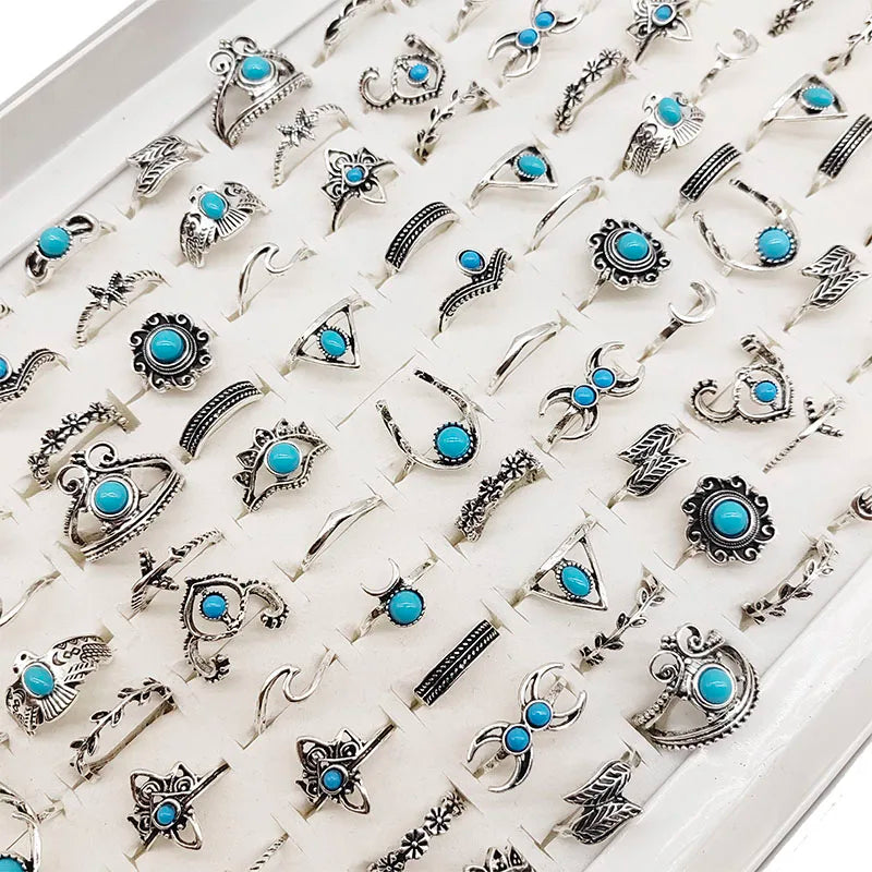 50pc/Lot Jewelry Factory In Stock Finger Rings Women Gold Antique Silver Plate Enamel Opal Crystal Snake Jewelry Party Bar Girl