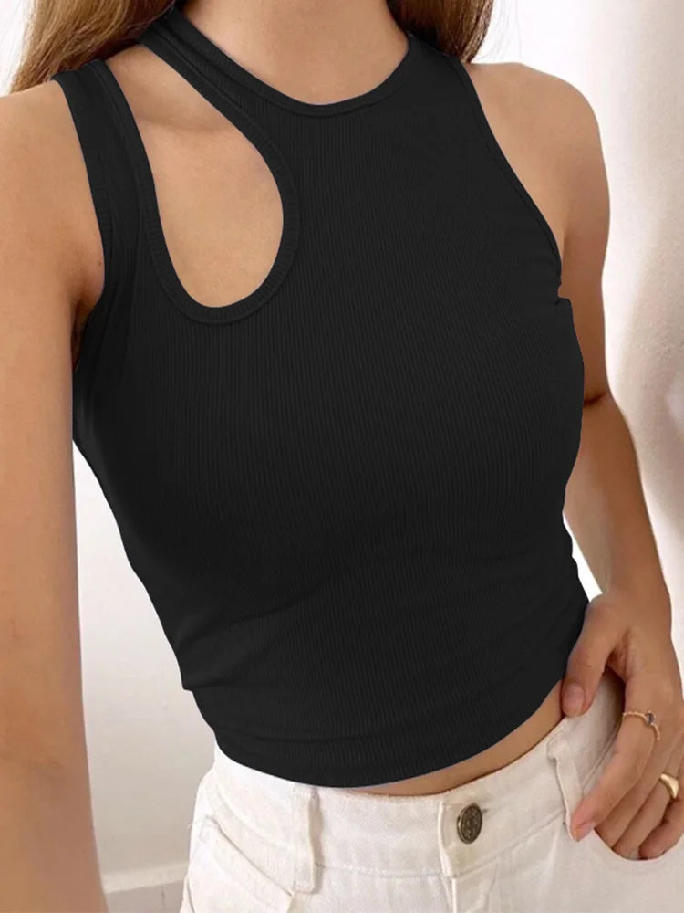 Sexy Rib-knit Tank Top for Women Summer Solid O-neck Sleeveless Crop Tops Street Vintage Korean Fashion Shirt Vest Y2K Clothes
