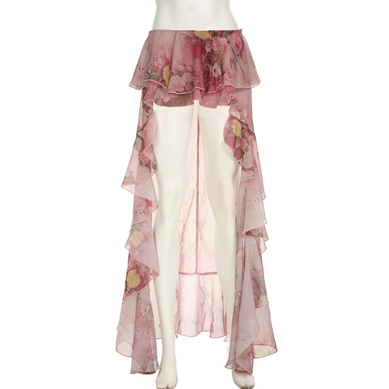 BIIKPIIK Vacation Ruffles Skirts Fashion Floral Print Vintage Elegant Women Skirts Designed Semi-perspective Sexy Holiday Bottom