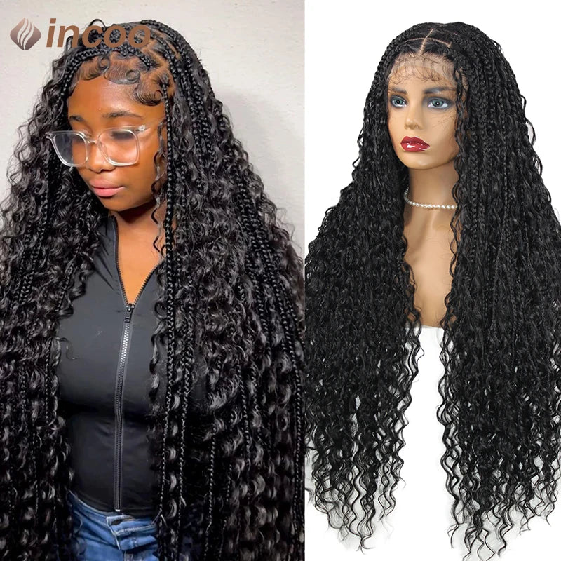 Boho Box Braided Wigs, gelocktes Kunsthaar, volle Lace-Front-Perücken für schwarze Frauen, Goddess Locs Braid Wig, Bohemian Box Braid Wig