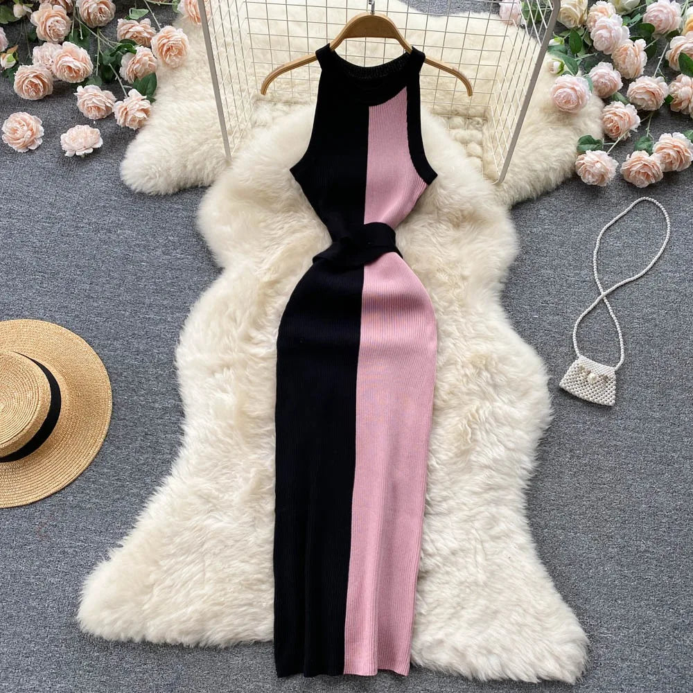 YuooMuoo Women Dress 2025 Summer Elegant Rib Knit Slim Waist Bandage Pencil Dress Office Lady Sleeveless Bodycon Sweater Dress