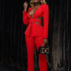Modphy Red Sexy V-neck Long Sleeve Jacket+High Waist Flare Pants Blazer Set Women'S 2025 New Hollow Out Designer Two-Piece Set