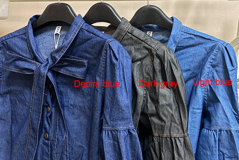 Gymystars Neue Trendige Imitation Jeans Blusenoberteile für Damen, lange Puffärmel, Schleifenverzierung, hoher Hals, Damen Herbsthemden