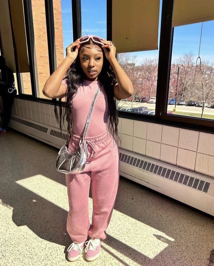 Two Piece Versatile Solid Color Sports And Leisure Set, Women's Cotton Slim Fit T-shirt Paired With Loose Jogging Pants