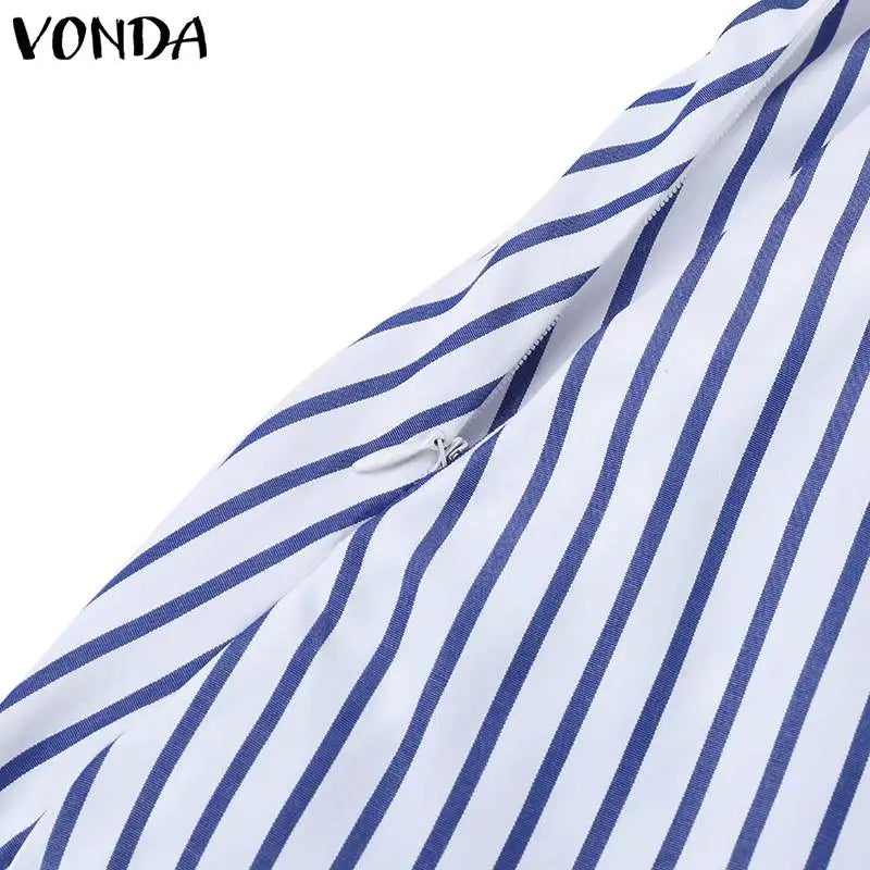 VONDA 2024 Women Elegant Striped Maxi Dress Bohemian Sundress Casual Loose Off Shoulder Long Sleeve Party Vestidos Robe Femme