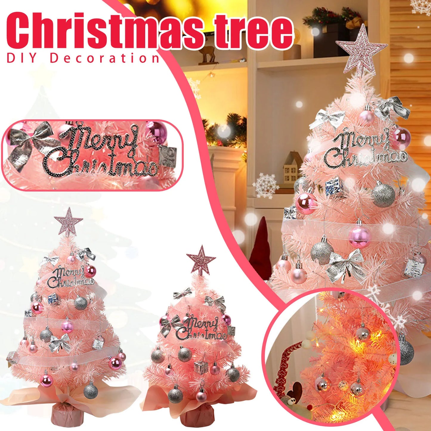 Hot Sale 45/60cm Christmas Tree With lights White/Pink Christmas Tree With Star Christmas Miniature Pine With Ornaments