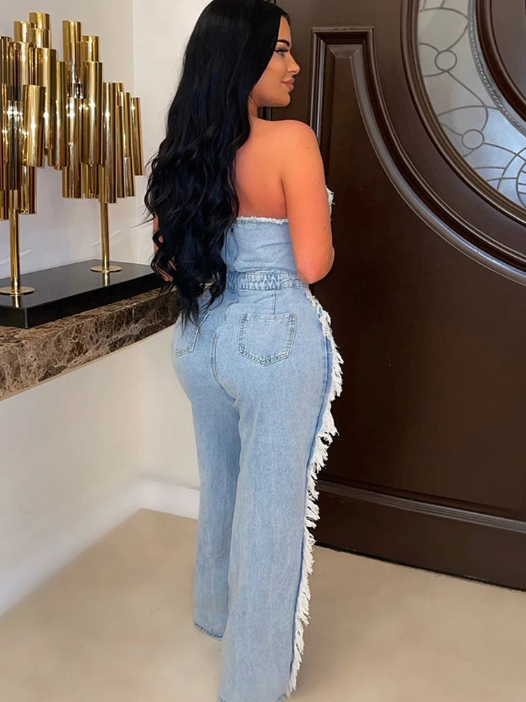 Sibybo Quaste Hollow Out Overalls für Damen Nieten Strass Trägerlos Rückenfrei Jeans Street Fashion Trend Jumpsuit Femme