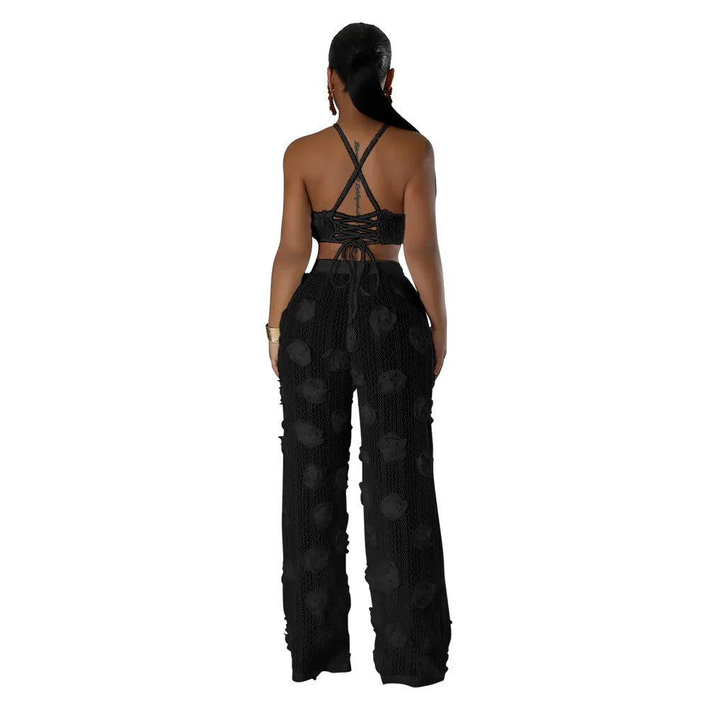 Women Two Piece Pant Sets Sexy Hollow Out Vest Sleeveless Tanks Tops Splice Long Pants Drawstring Streetwear Summer 2025