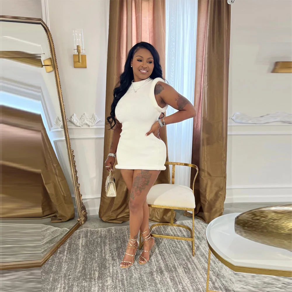 Joskaa Elegant Solid Stand Collar Sleeveless Bodycon Irregular Mini Dress for Women 2024 Summer Evening Birthday Party Clubwear
