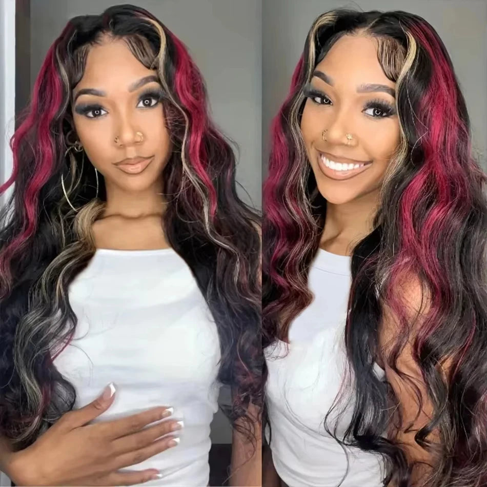 1B/99J/27 Black hair with red blonde Highlight 5x5 Hd Lace Closure Body Wave Wig Human Hair Brazilian Glueless Wig Ready To Wear