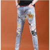Fashion Printed Jeans Men's Korean Brand Embroidery Badge Pattern Youth Ripped Small Feet Teenagers Cowboy Pencil Pants