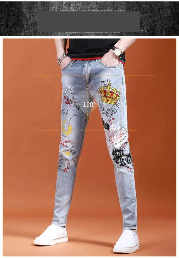 Fashion Printed Jeans Men's Korean Brand Embroidery Badge Pattern Youth Ripped Small Feet Teenagers Cowboy Pencil Pants