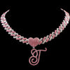 Hip Hop Bling Pink Crystal Cursive Initial Letter Cuban Necklace for Women Iced Out Paved Cuban Chain Necklace Choker Jewelry
