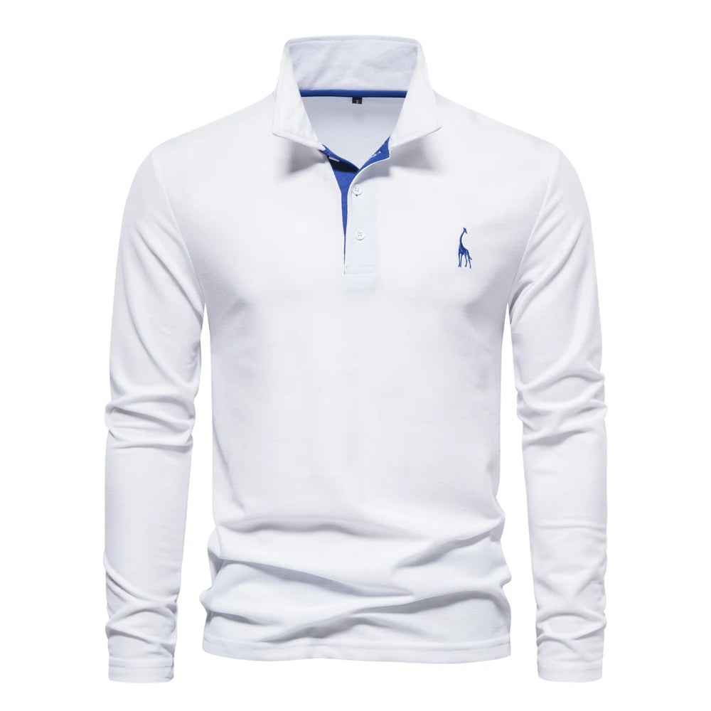 AIOPESON Deer Embroidery Men's Polo Shirts Solid Color Long Sleeve Polo Shirts for Men New Spring Social Business Polos Male
