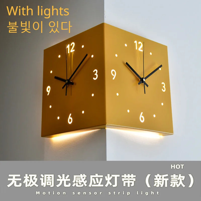 Kreative Lichtsensor Eckwanduhr Quadratisch Einfache Doppelseitige Wanduhr mit arabischer Ziffernskala Analoge Geräuschlose Wanduhr