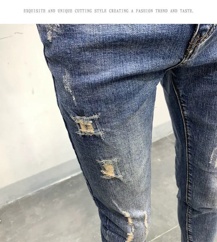 Men's Korean Style Classic Jeans 2023 New Blue Ripped Jeans for Men Fashion Trendy Summer Skinny Ripped Hole Cargo Trousers