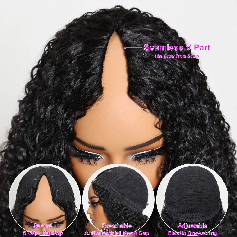 16-32 Inches Long Curly Brazilian Hair Wig For Women 200% Density V Part Wig Human Hair Natural Black V Shape Wig Hair Wigs