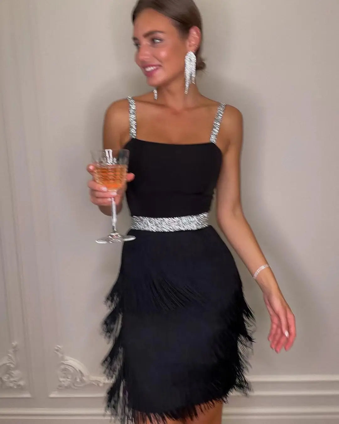 Women's Dresses New Tassel Sexy Low Cut Suspender Sleeveless Midi Party Dress 2024 Summer Fashion