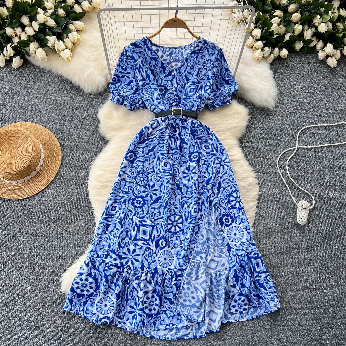 Sommer Plissiert Damen Knopfkleider Lässige Strandurlaub Kurzarm V-Ausschnitt Damen Midikleid Böhmische Mujer Vestidos