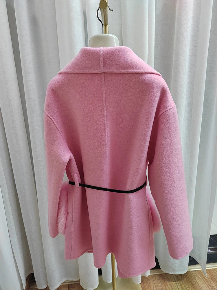 2024 New Winter Real Natural Fox Fur Pocket Coat Ladies Outwear Female Coat Cashmere Wool Woolen Women Luxury Jacket