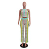 Knitted Striped 2 Piece Sets Women Outfit Summer Beach Vacation Sleeveless Crop Top and Flare Pants Matching Sets Club Party