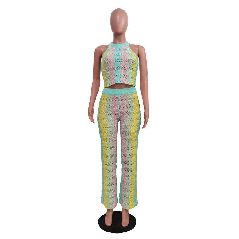 Knitted Striped 2 Piece Sets Women Outfit Summer Beach Vacation Sleeveless Crop Top and Flare Pants Matching Sets Club Party