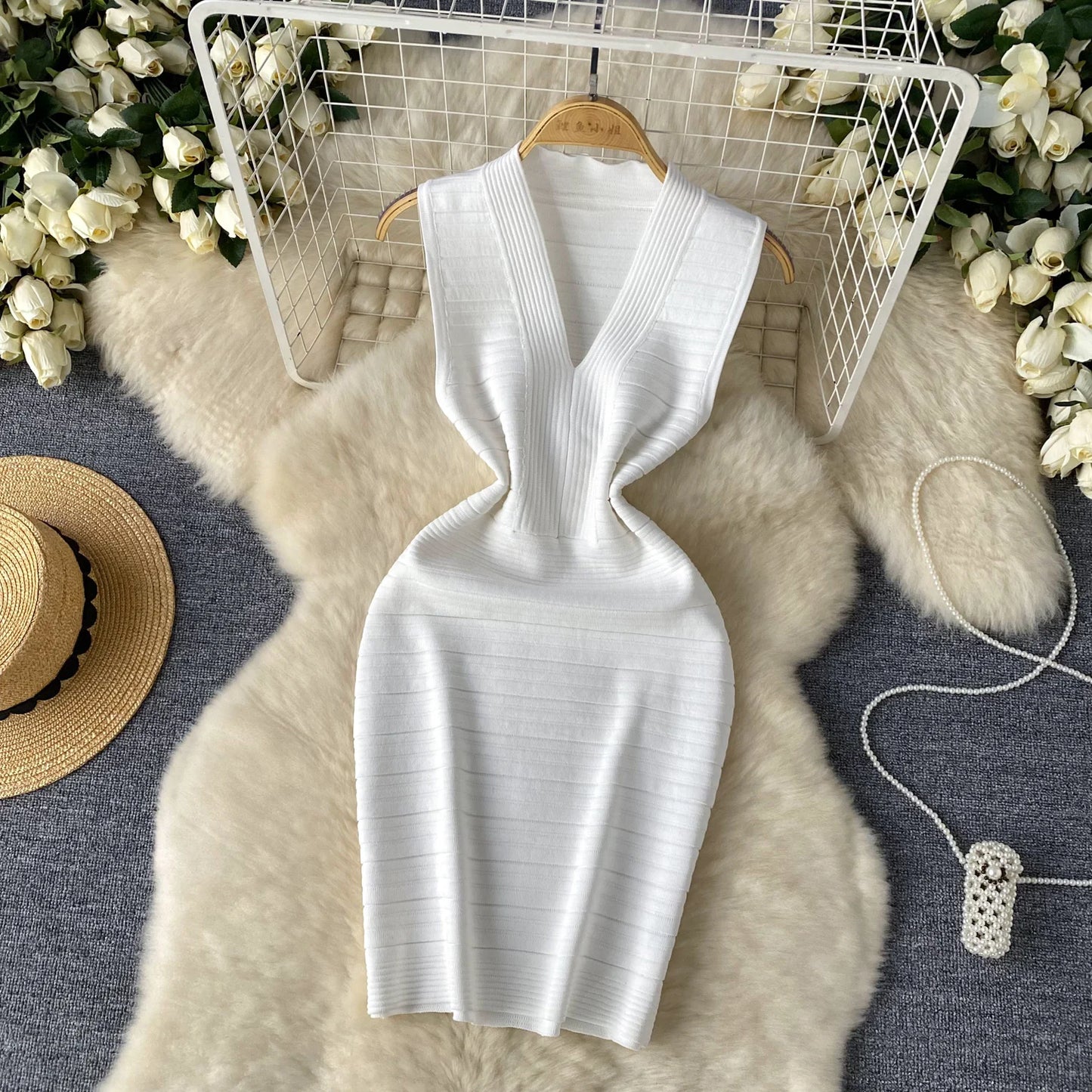 SINGREINY Bodycon Basic Knitting Dress Women Sleeveless V Neck Tank Ladies Elastic Waist Temperament Solid Streetwear Dress