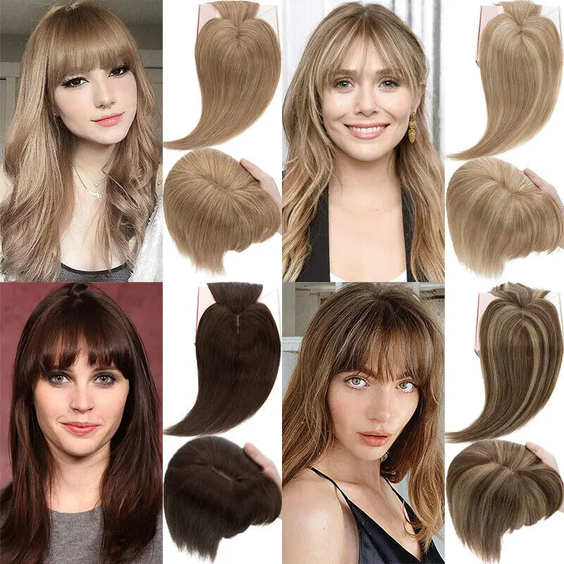 Women Toupee Silk Base Topper Clip In Real Human Hair Wigs Hairpiece With Bangs Straight Hair Toppers For Women Hair Extensions