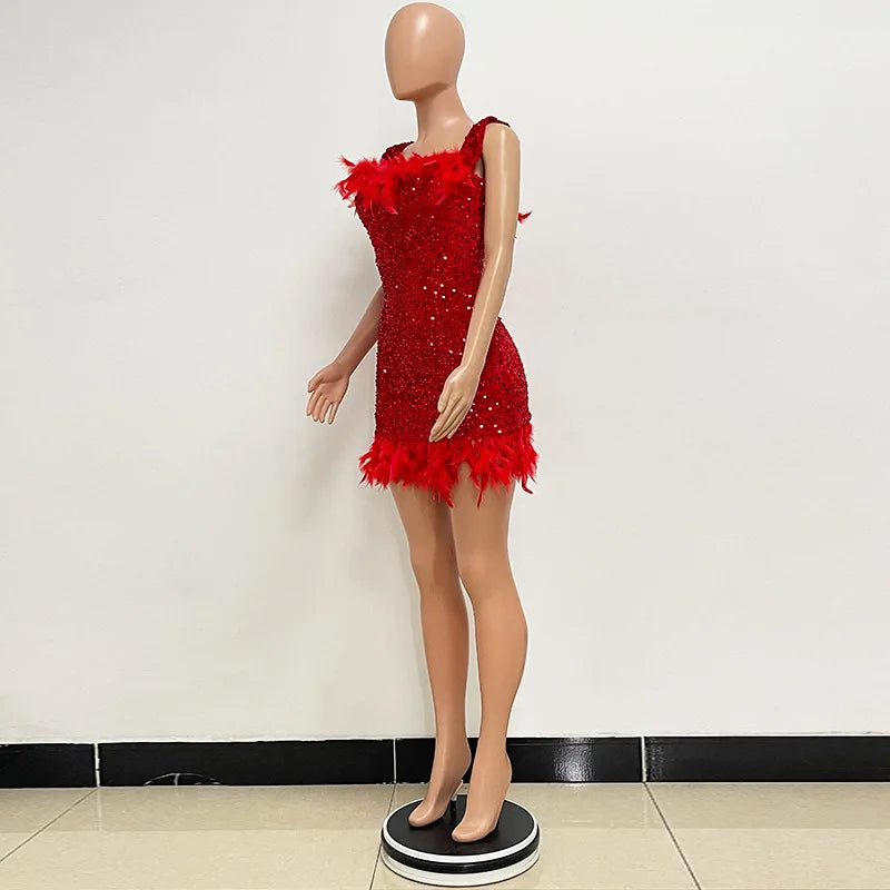 Damen Partykleid Ärmellos Glänzende Pailletten Feder Abendkleid Sexy schulterfrei rückenfrei Mini Formelle Ballkleider HXY8