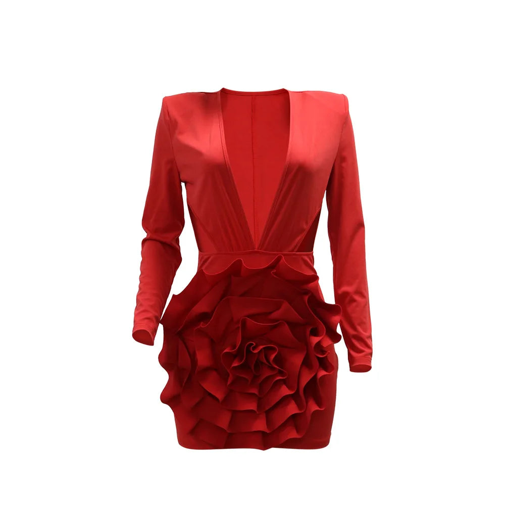 CM.YAYA Women Rose Floral Applique Long Sleeve Bodycon Mini Midi Dress Winter V-neck Club Sexy Party Evening Dresses Vestidos