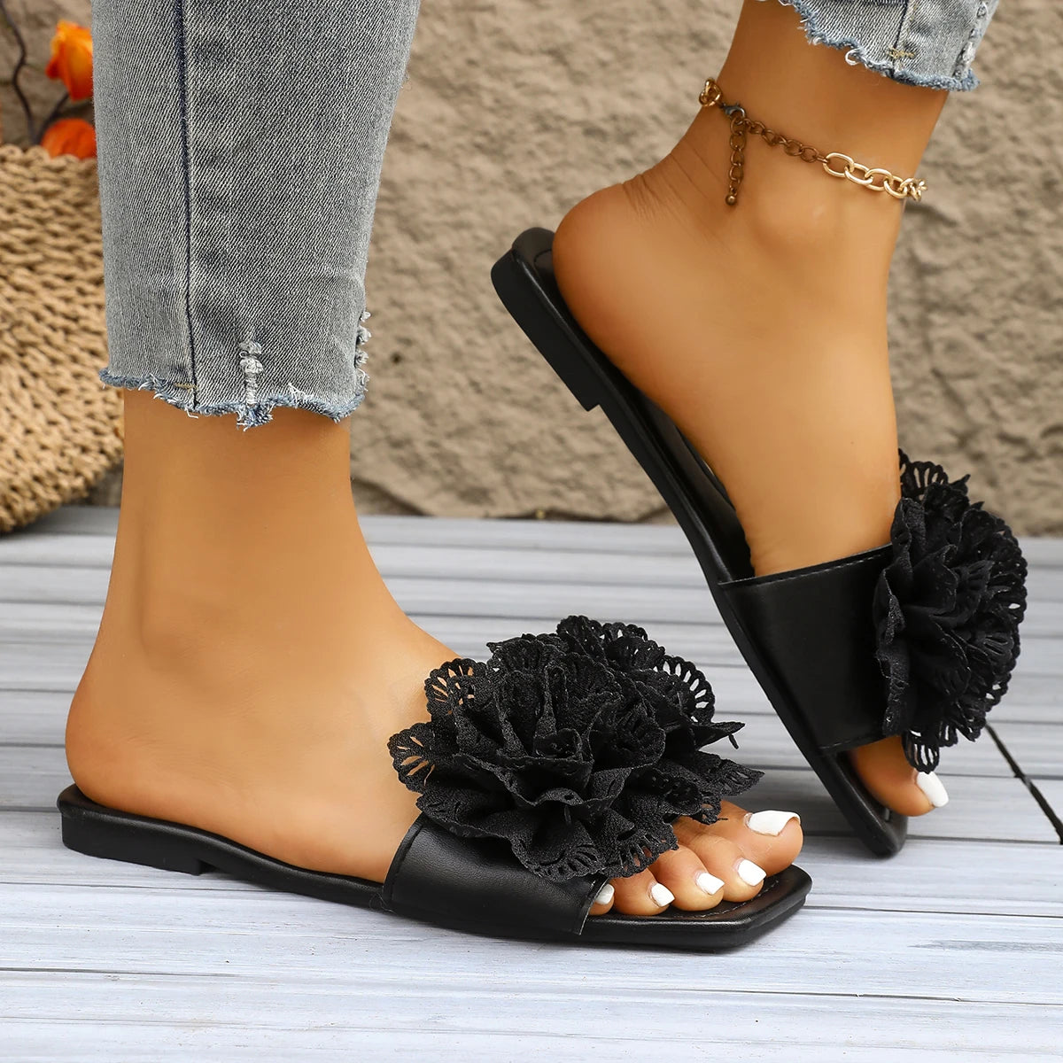 Fashion New Women'S Sandals Square Toe Flat Shoes Summer Simple Flip Flops Women'S Home Slippers Women'S Beach Shoes Casual Shoe