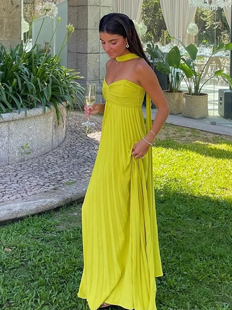 Strapless Ribbon Maxi Dress Women Elegant Sleeveless Backless Pleated Party Dresses Female 2025 Summer Sexy Lady Evening Vestido
