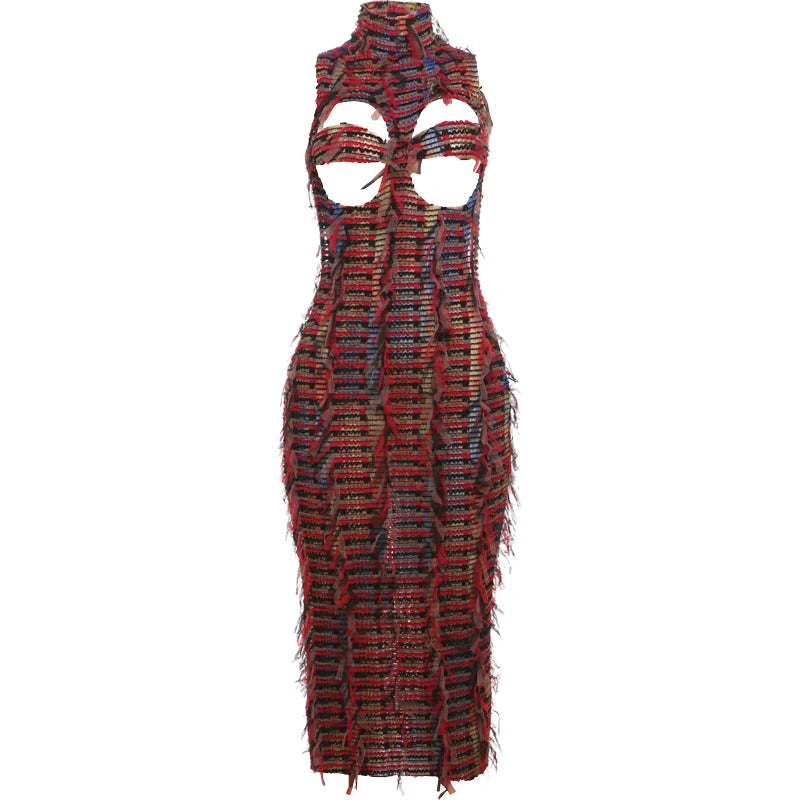 Weird Puss Sexy Hollow Dress Damen Strick Buntes Quasten Backless Y2k Sommer Trend Stretch Ärmellos Elastisch Bodycon Clubwear