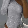 2025 Spice Girls Sexy Pailletten-Top, One-Shoulder, eng anliegend, mit Strasssteinen, einfarbig, Silber, einteilig, Mode, Party, Nachtclub, Sommer-Top