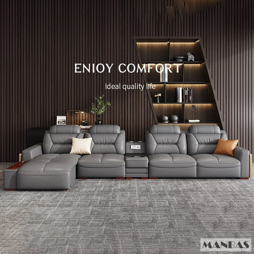 Premium italienische Echtleder-Ecksofas Sofagarnituren mit USB und Bluetooth Lautsprecher – MANBAS Wohnzimmermöbel