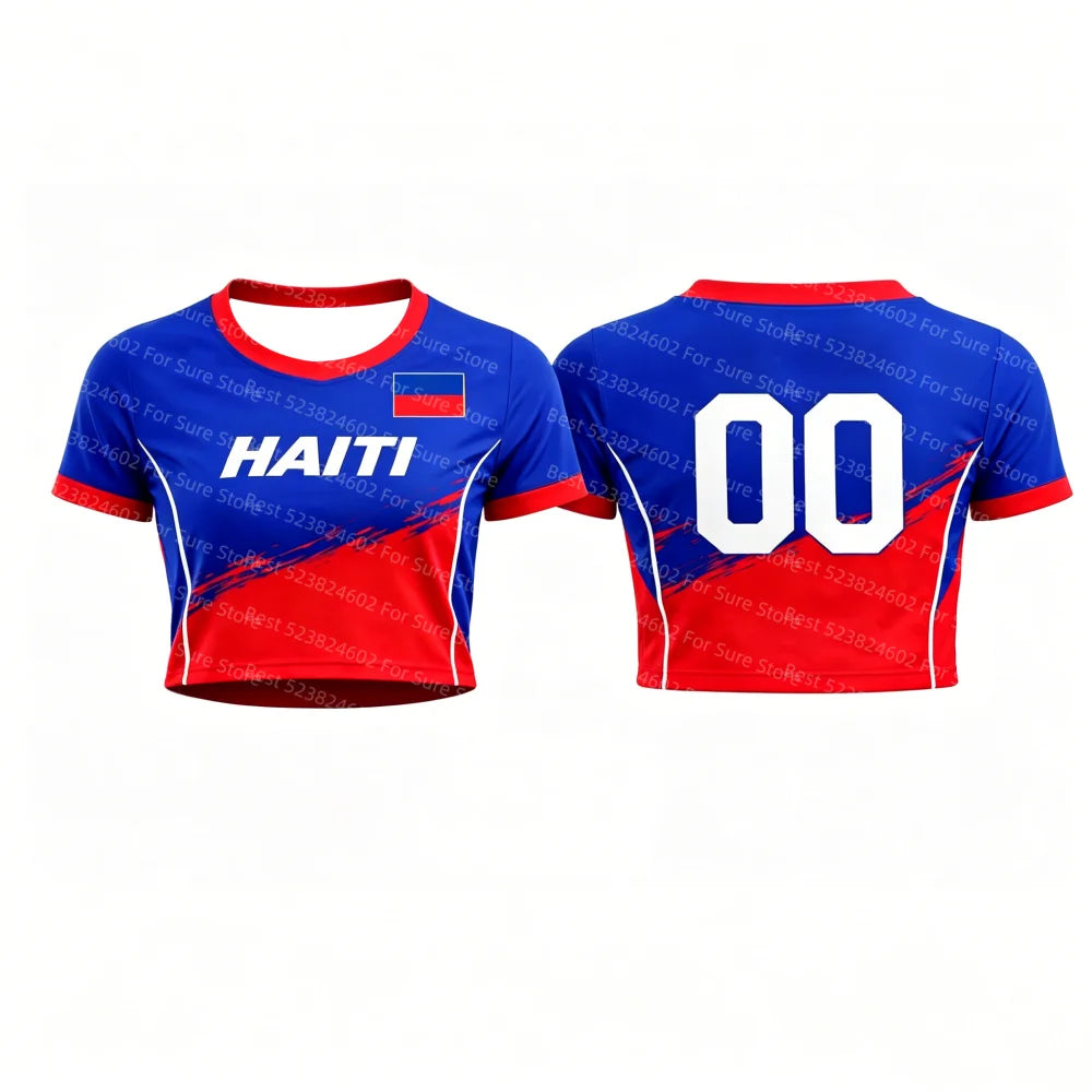 Women Haiti Flag Print Crop Tops T-shirt Short Sleeve Crew Neck Y2K Football T shirt Jersey Casual Streetwear Summer Sports Tees
