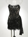 XIAOTANG Elegantes Trägerloses Spitzenkleid für Damen, sexy, modisch, schulterfrei, unregelmäßig gerafft, Bodycon, Nachtclub-Partykleid