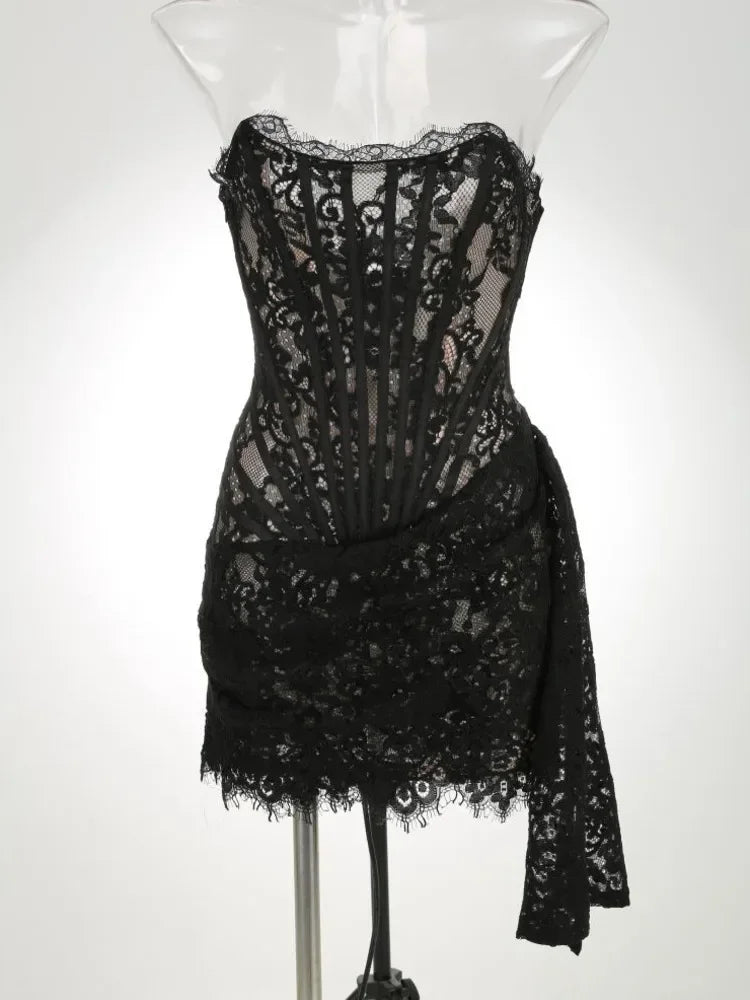 XIAOTANG Elegantes Trägerloses Spitzenkleid für Damen, sexy, modisch, schulterfrei, unregelmäßig gerafft, Bodycon, Nachtclub-Partykleid