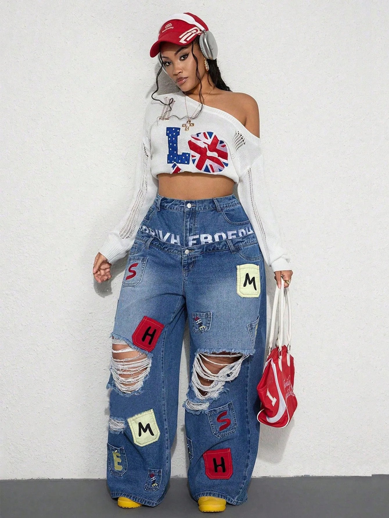 European and American High Street Ripped Jeans Women Double Waist Letter Patch Wide Leg Pants Floor Mopping Pants Loose Straight