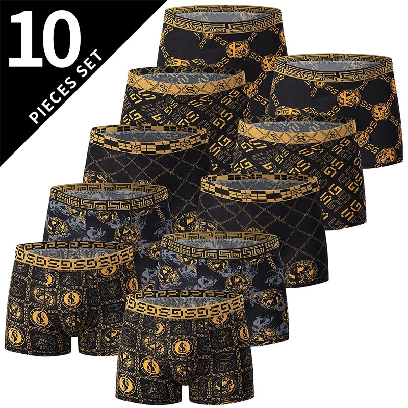 5/10er Pack Herren Boxer-Unterhosen, Schwarz Gold Bedruckt, Bequem und Vielseitig, Übergröße, Sexy, für junge Männer, Freizeit, Sport, Strandsh